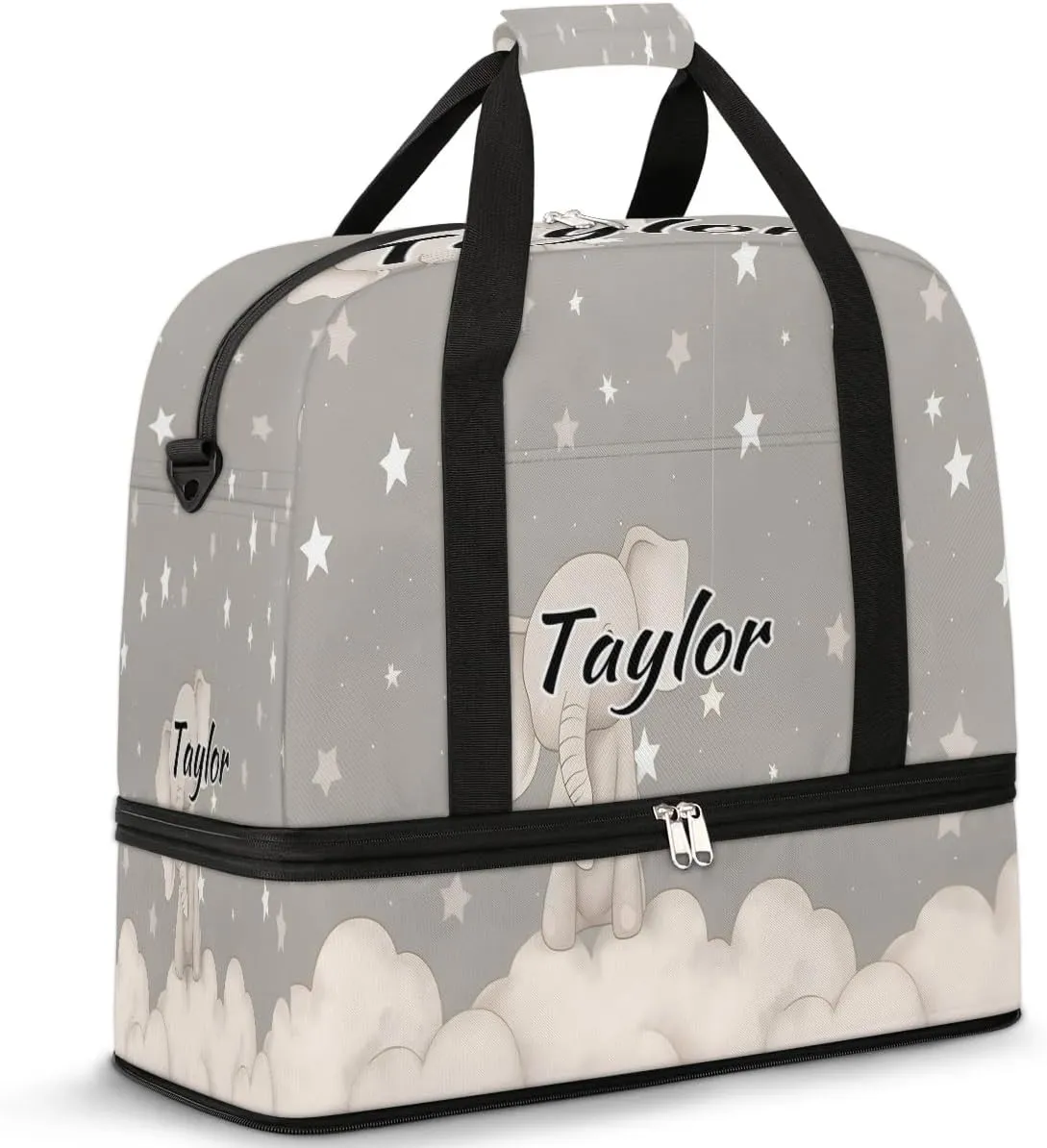 Customized Gym Bag for Women, Personalized Cute Elephant Travel Duffel Bag with Name, Animals Weekender Overnight Bag with Shoes Compartment for Men Travel Yoga