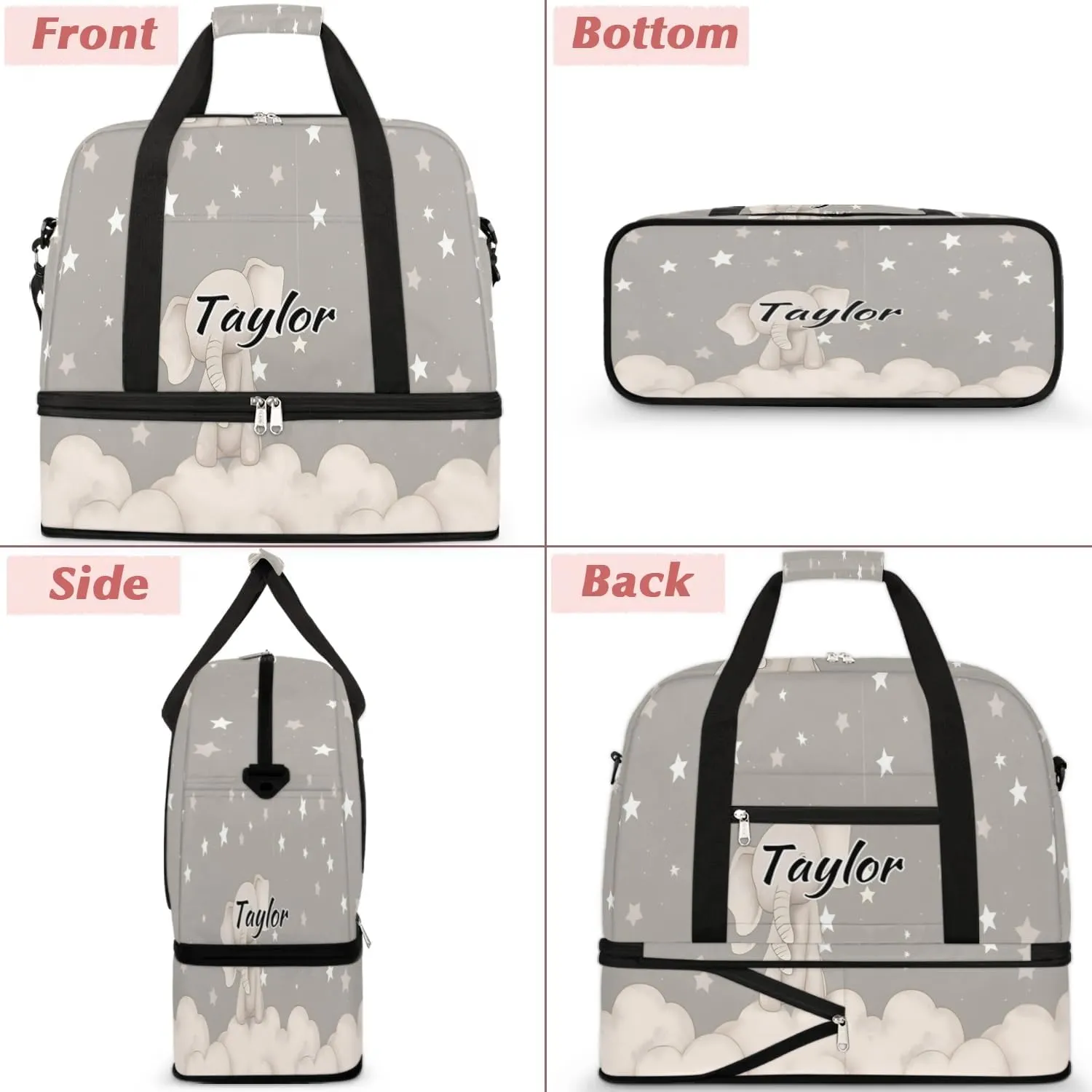 Customized Gym Bag for Women, Personalized Cute Elephant Travel Duffel Bag with Name, Animals Weekender Overnight Bag with Shoes Compartment for Men Travel Yoga