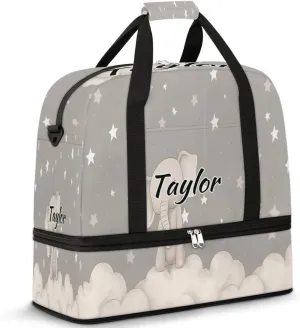 Customized Gym Bag for Women, Personalized Cute Elephant Travel Duffel Bag with Name, Animals Weekender Overnight Bag with Shoes Compartment for Men Travel Yoga