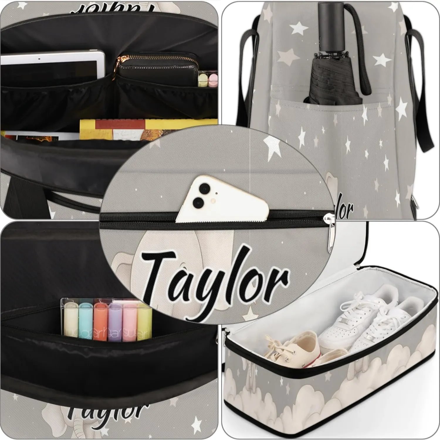 Customized Gym Bag for Women, Personalized Cute Elephant Travel Duffel Bag with Name, Animals Weekender Overnight Bag with Shoes Compartment for Men Travel Yoga