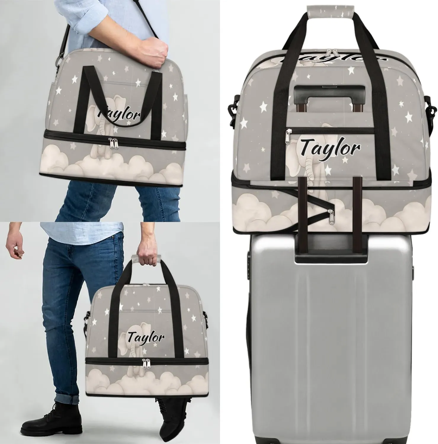 Customized Gym Bag for Women, Personalized Cute Elephant Travel Duffel Bag with Name, Animals Weekender Overnight Bag with Shoes Compartment for Men Travel Yoga