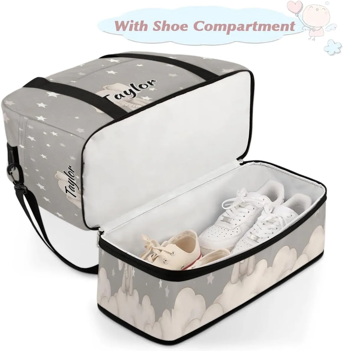 Customized Gym Bag for Women, Personalized Cute Elephant Travel Duffel Bag with Name, Animals Weekender Overnight Bag with Shoes Compartment for Men Travel Yoga