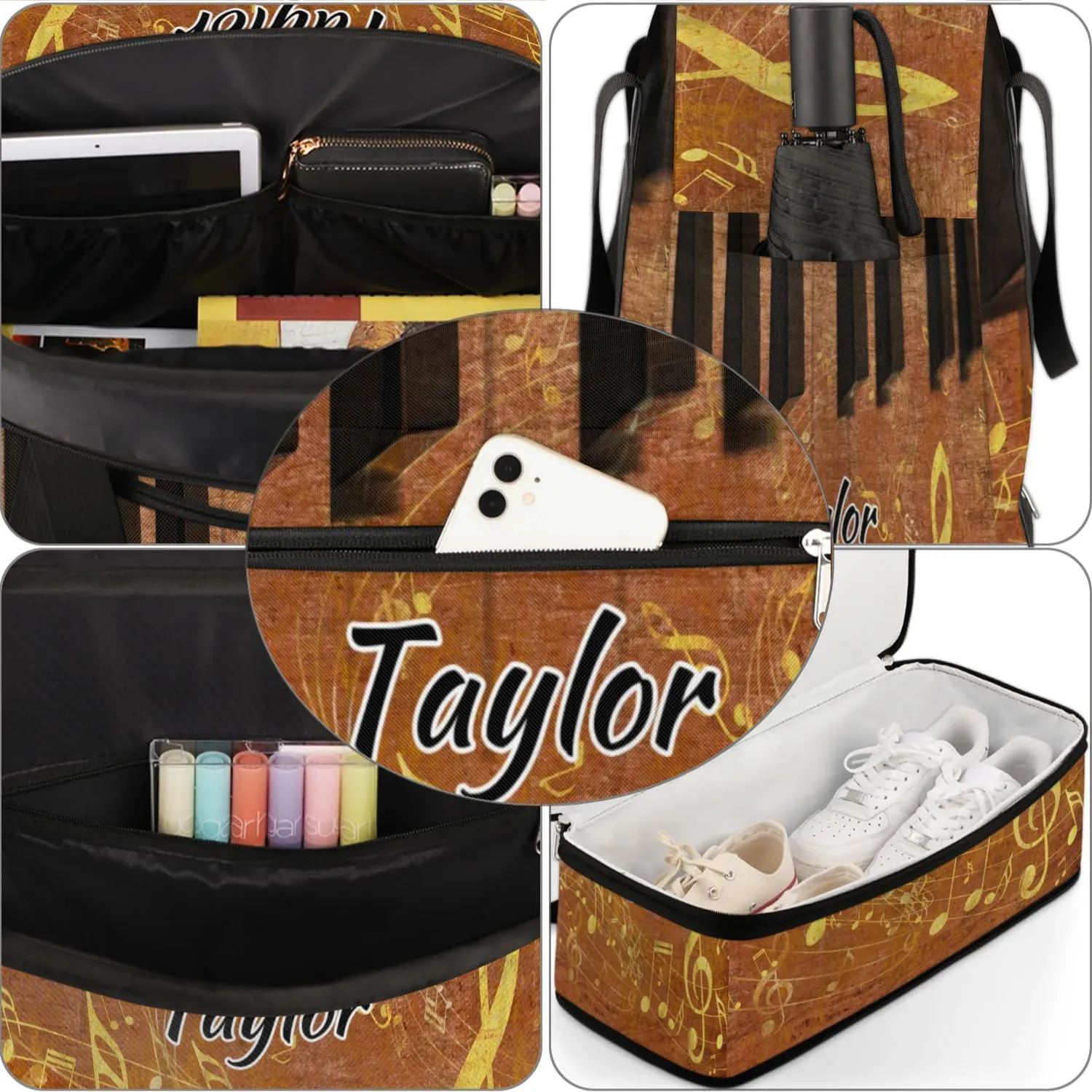 Customized Gym Bag for Women, Personalized Piano Keyboard Travel Duffel Bag with Name, Musical Notes Weekender Overnight Bag with Shoes Compartment for Men Travel Yoga