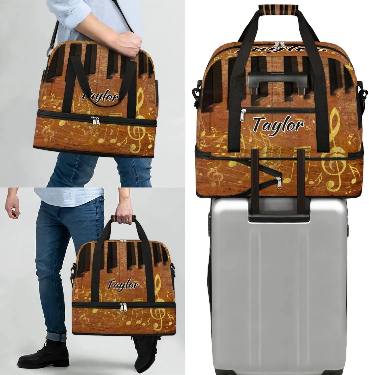 Customized Gym Bag for Women, Personalized Piano Keyboard Travel Duffel Bag with Name, Musical Notes Weekender Overnight Bag with Shoes Compartment for Men Travel Yoga