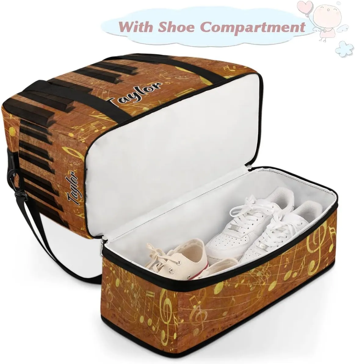 Customized Gym Bag for Women, Personalized Piano Keyboard Travel Duffel Bag with Name, Musical Notes Weekender Overnight Bag with Shoes Compartment for Men Travel Yoga