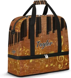 Customized Gym Bag for Women, Personalized Piano Keyboard Travel Duffel Bag with Name, Musical Notes Weekender Overnight Bag with Shoes Compartment for Men Travel Yoga