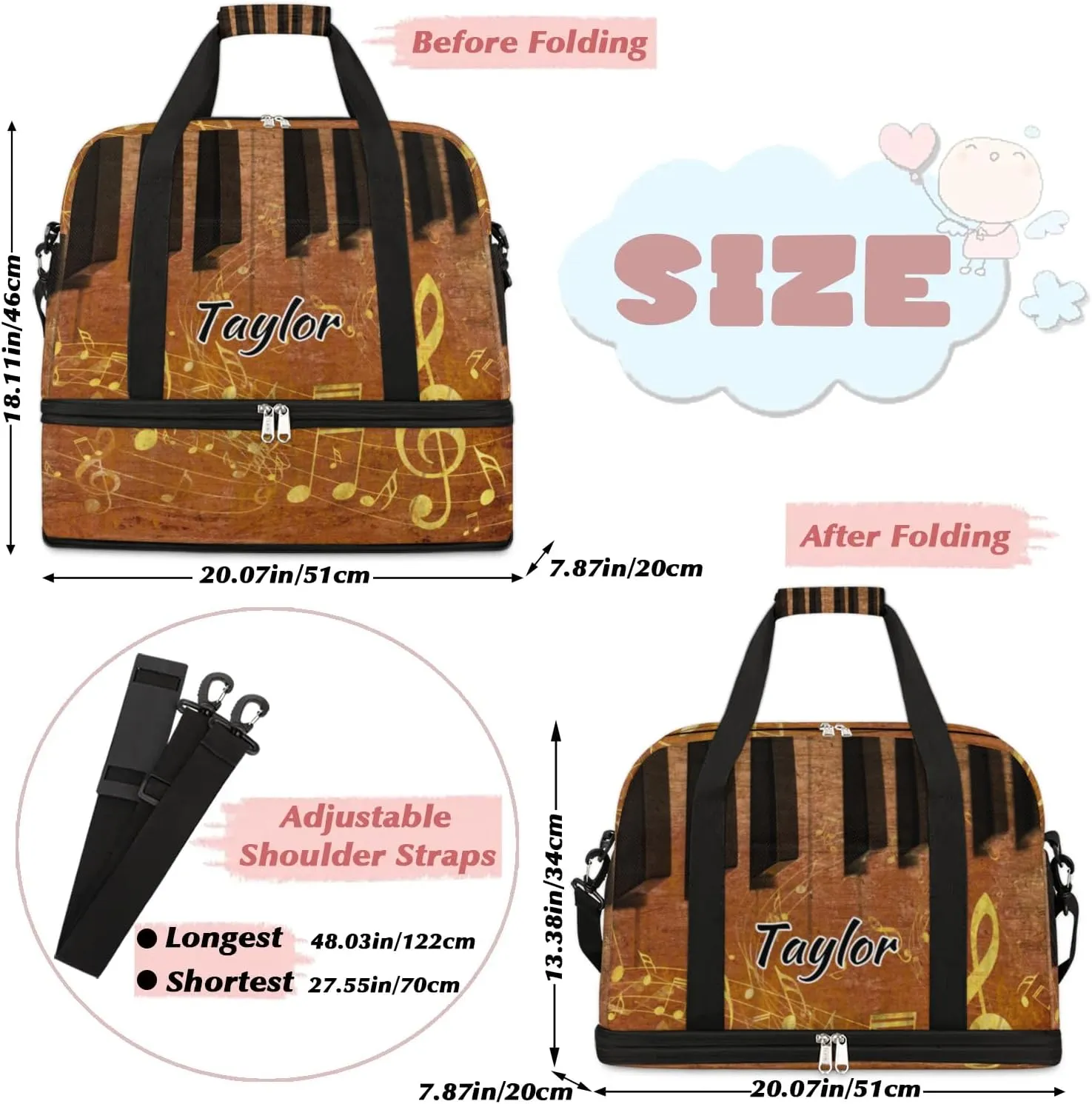 Customized Gym Bag for Women, Personalized Piano Keyboard Travel Duffel Bag with Name, Musical Notes Weekender Overnight Bag with Shoes Compartment for Men Travel Yoga