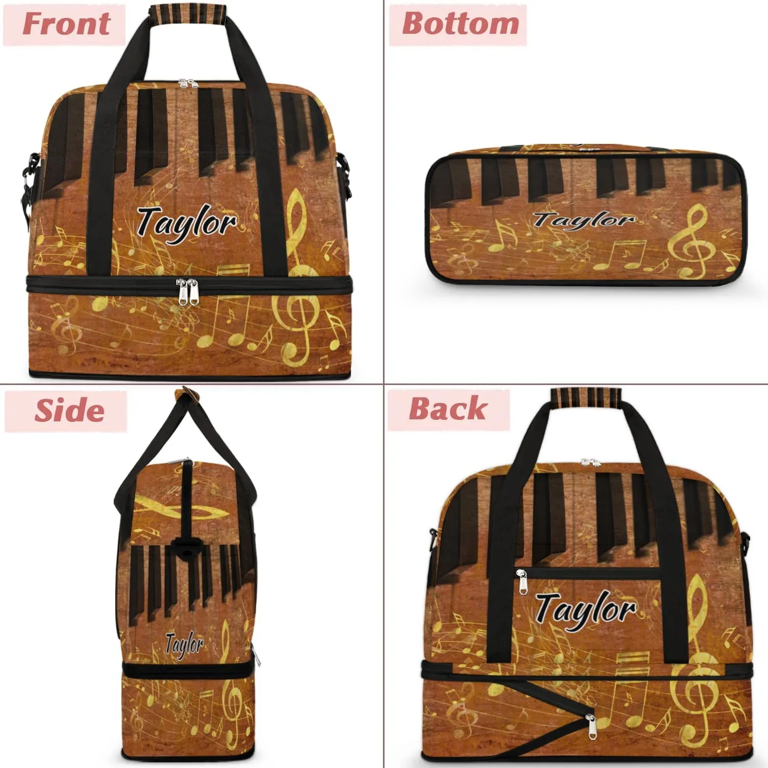Customized Gym Bag for Women, Personalized Piano Keyboard Travel Duffel Bag with Name, Musical Notes Weekender Overnight Bag with Shoes Compartment for Men Travel Yoga