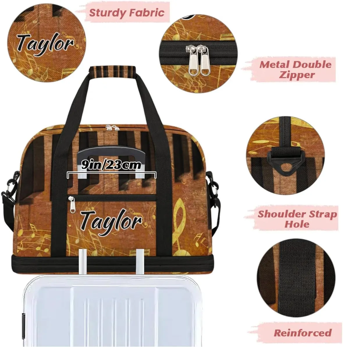 Customized Gym Bag for Women, Personalized Piano Keyboard Travel Duffel Bag with Name, Musical Notes Weekender Overnight Bag with Shoes Compartment for Men Travel Yoga