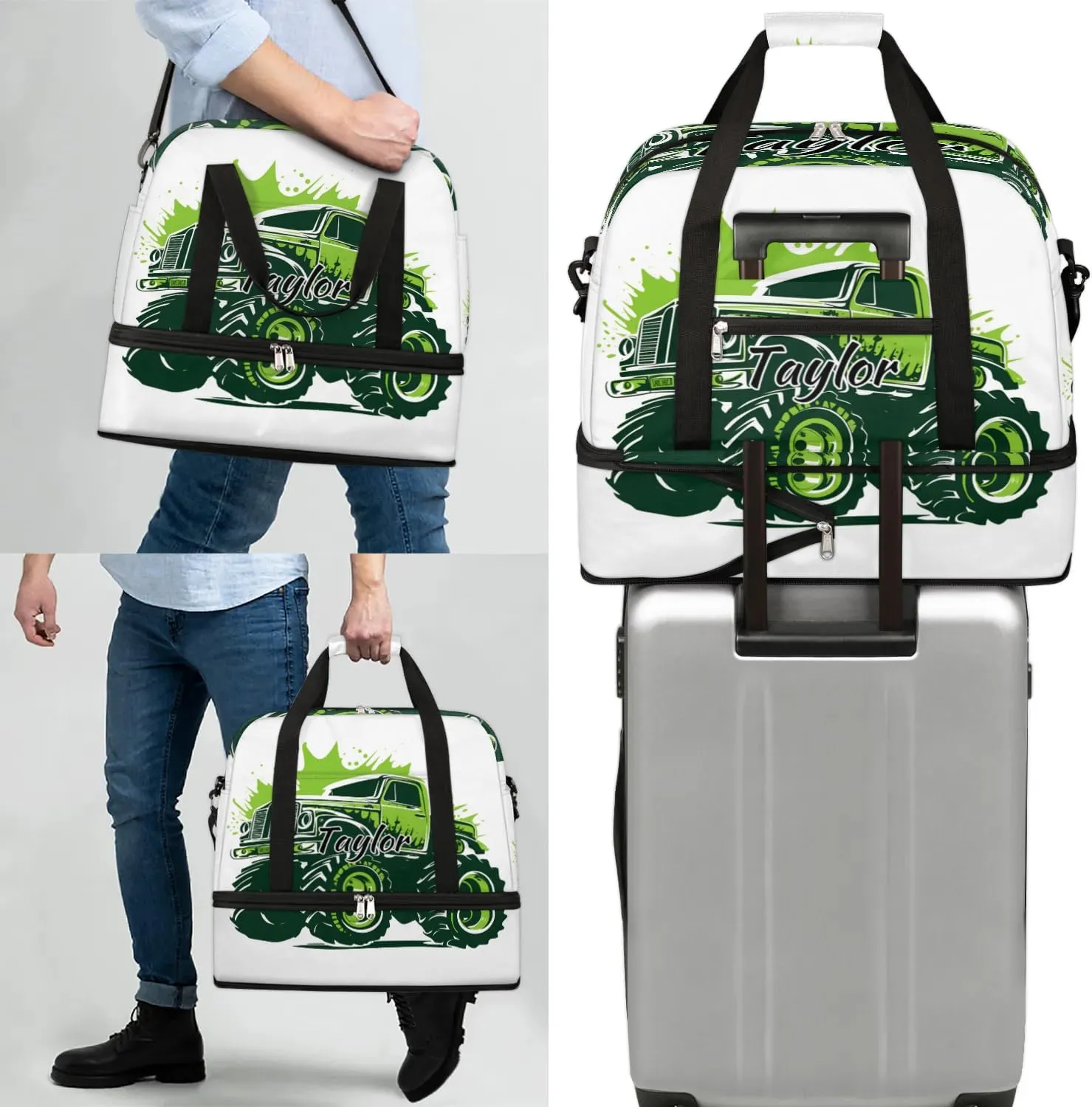 Customized Gym Bag for Women, Personalized Truck Car Travel Duffel Bag with Name, Monster Truck Weekender Overnight Bag with Shoes Compartment for Men Travel Yoga