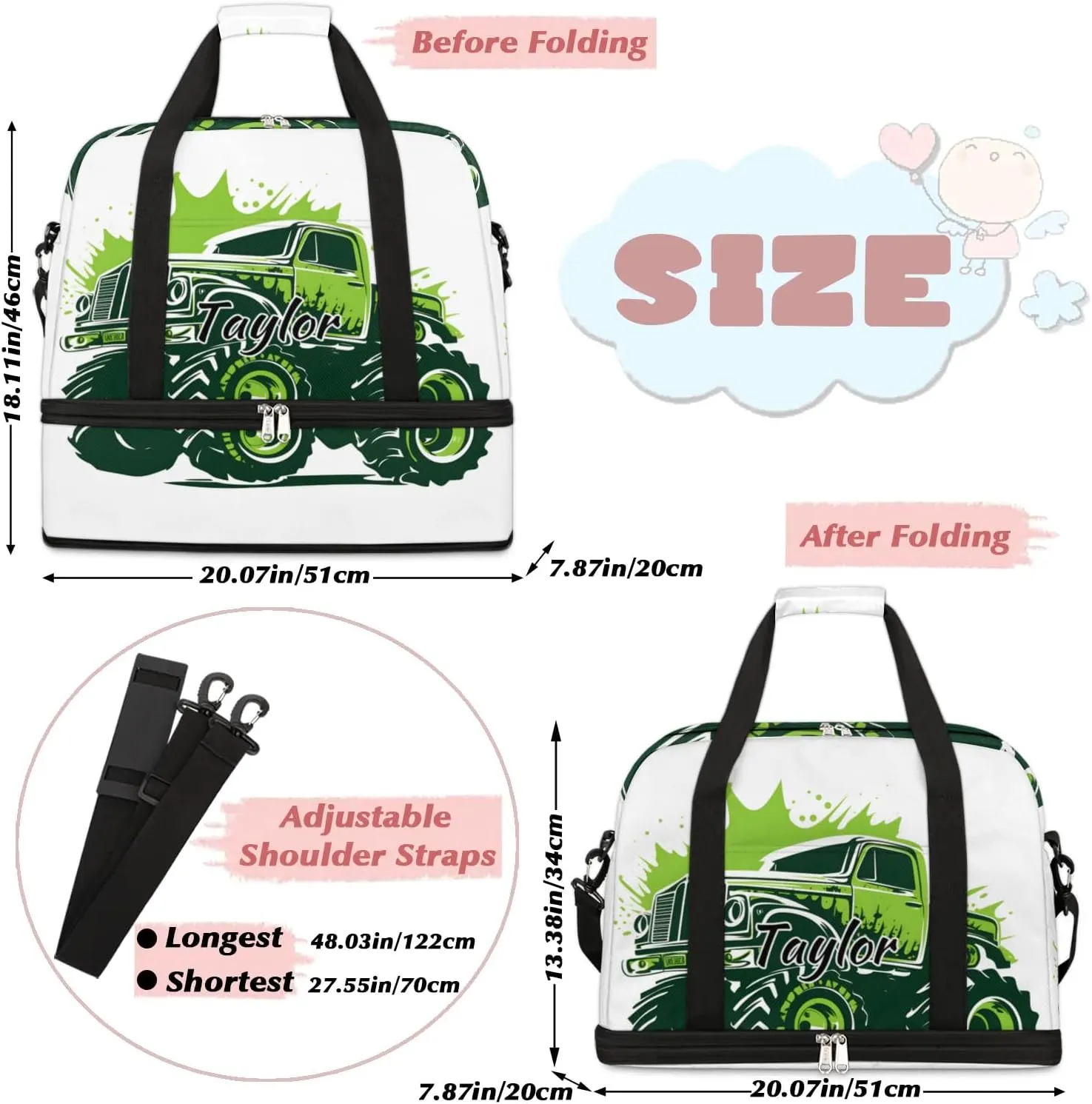 Customized Gym Bag for Women, Personalized Truck Car Travel Duffel Bag with Name, Monster Truck Weekender Overnight Bag with Shoes Compartment for Men Travel Yoga