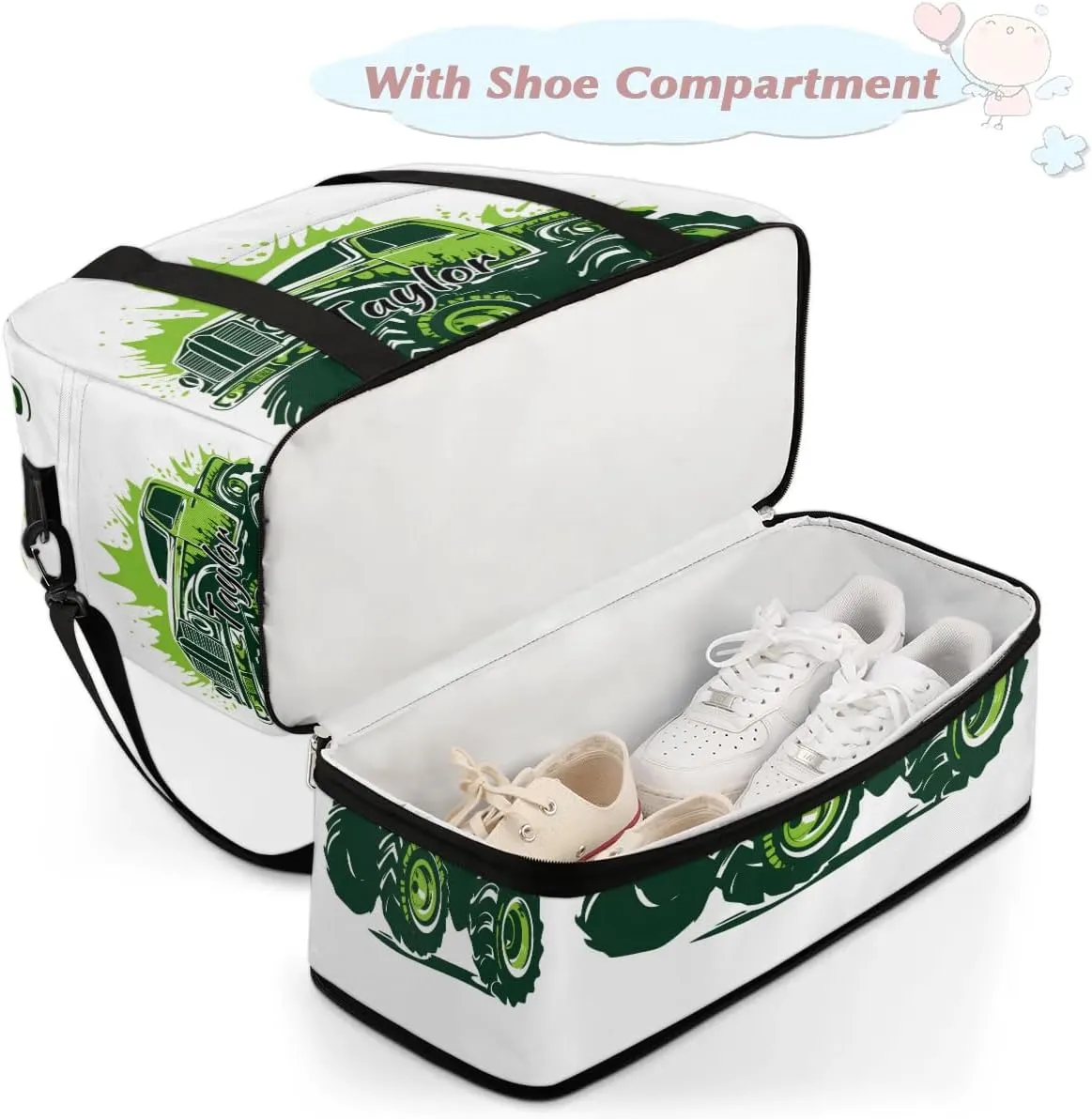 Customized Gym Bag for Women, Personalized Truck Car Travel Duffel Bag with Name, Monster Truck Weekender Overnight Bag with Shoes Compartment for Men Travel Yoga