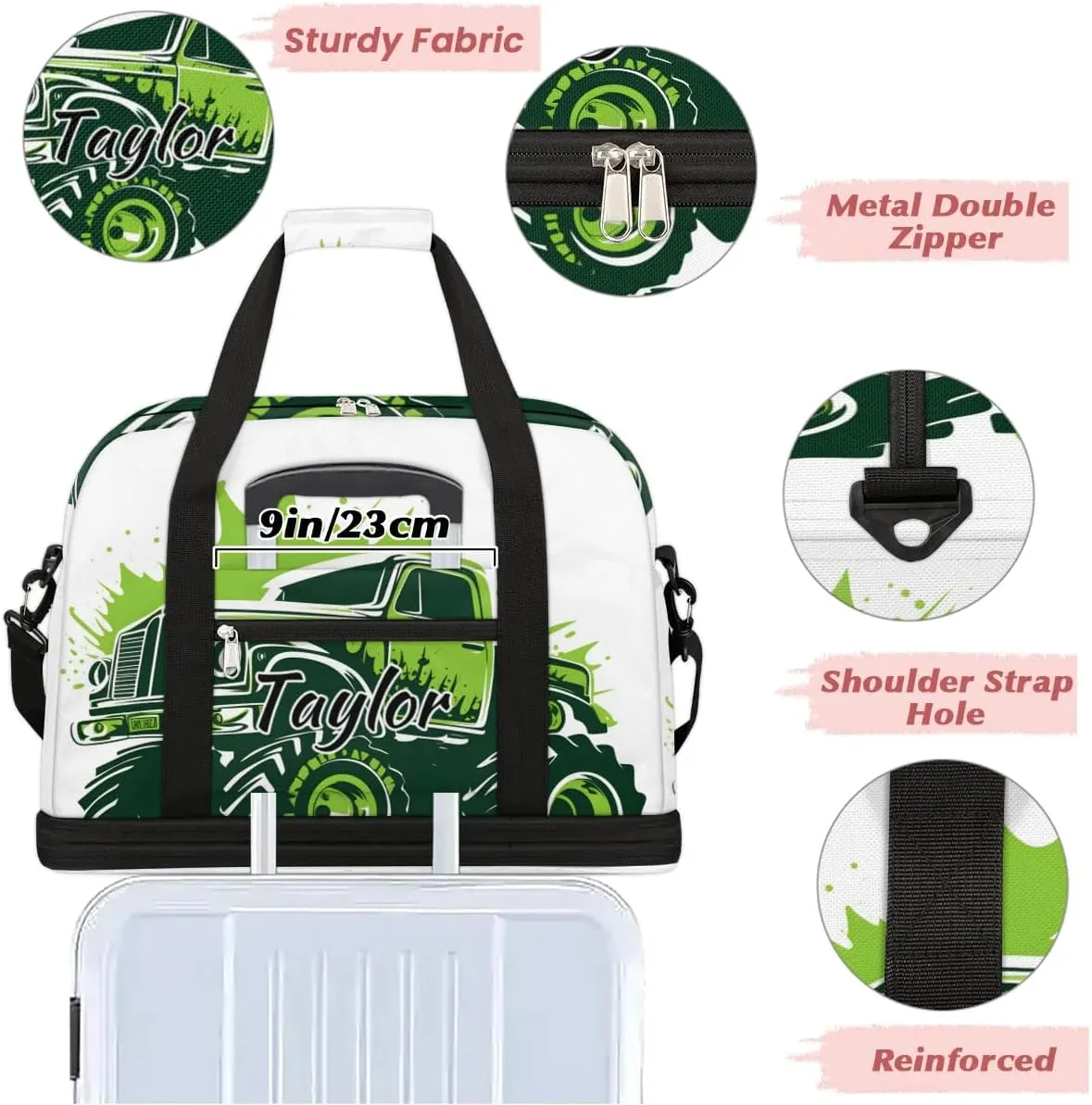 Customized Gym Bag for Women, Personalized Truck Car Travel Duffel Bag with Name, Monster Truck Weekender Overnight Bag with Shoes Compartment for Men Travel Yoga
