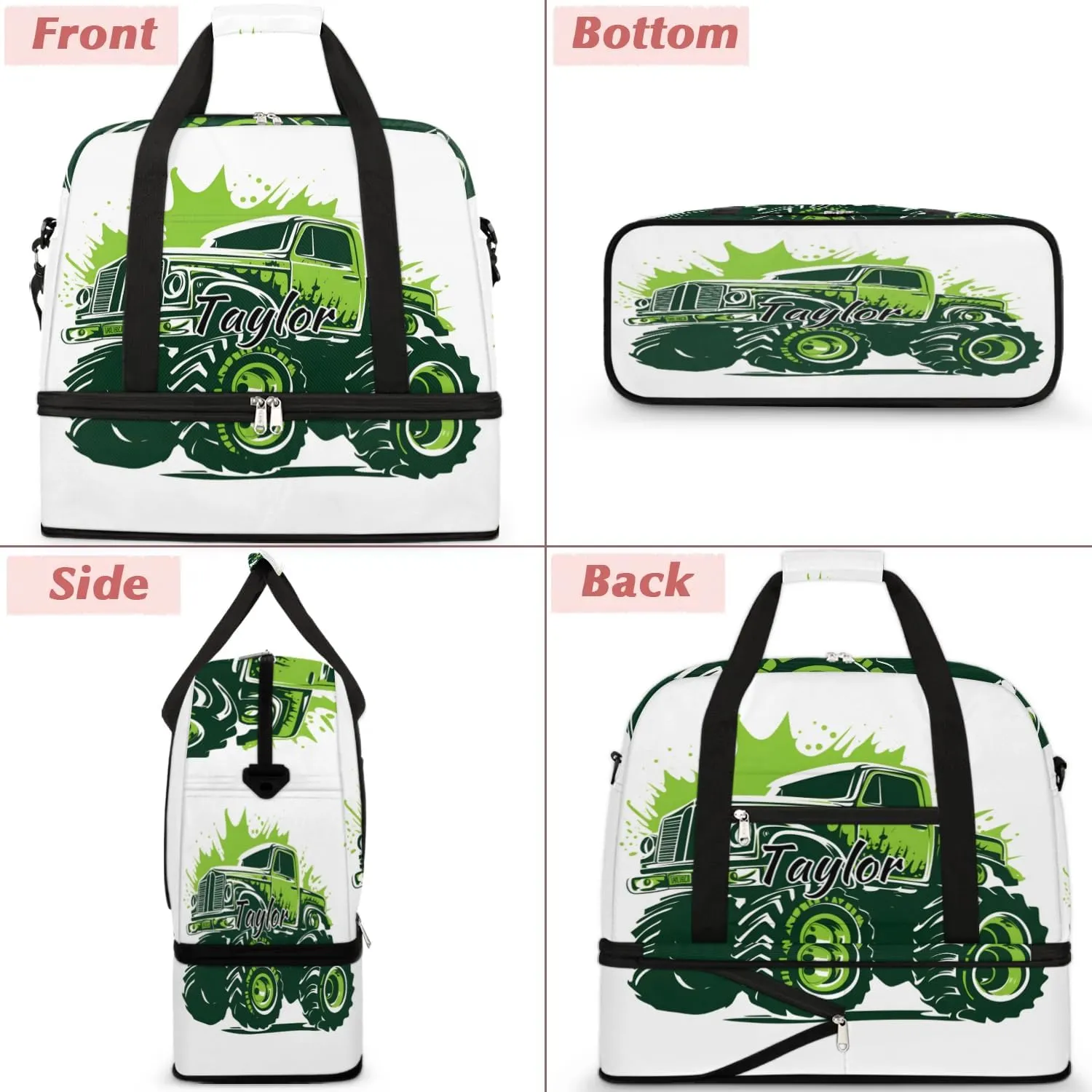 Customized Gym Bag for Women, Personalized Truck Car Travel Duffel Bag with Name, Monster Truck Weekender Overnight Bag with Shoes Compartment for Men Travel Yoga