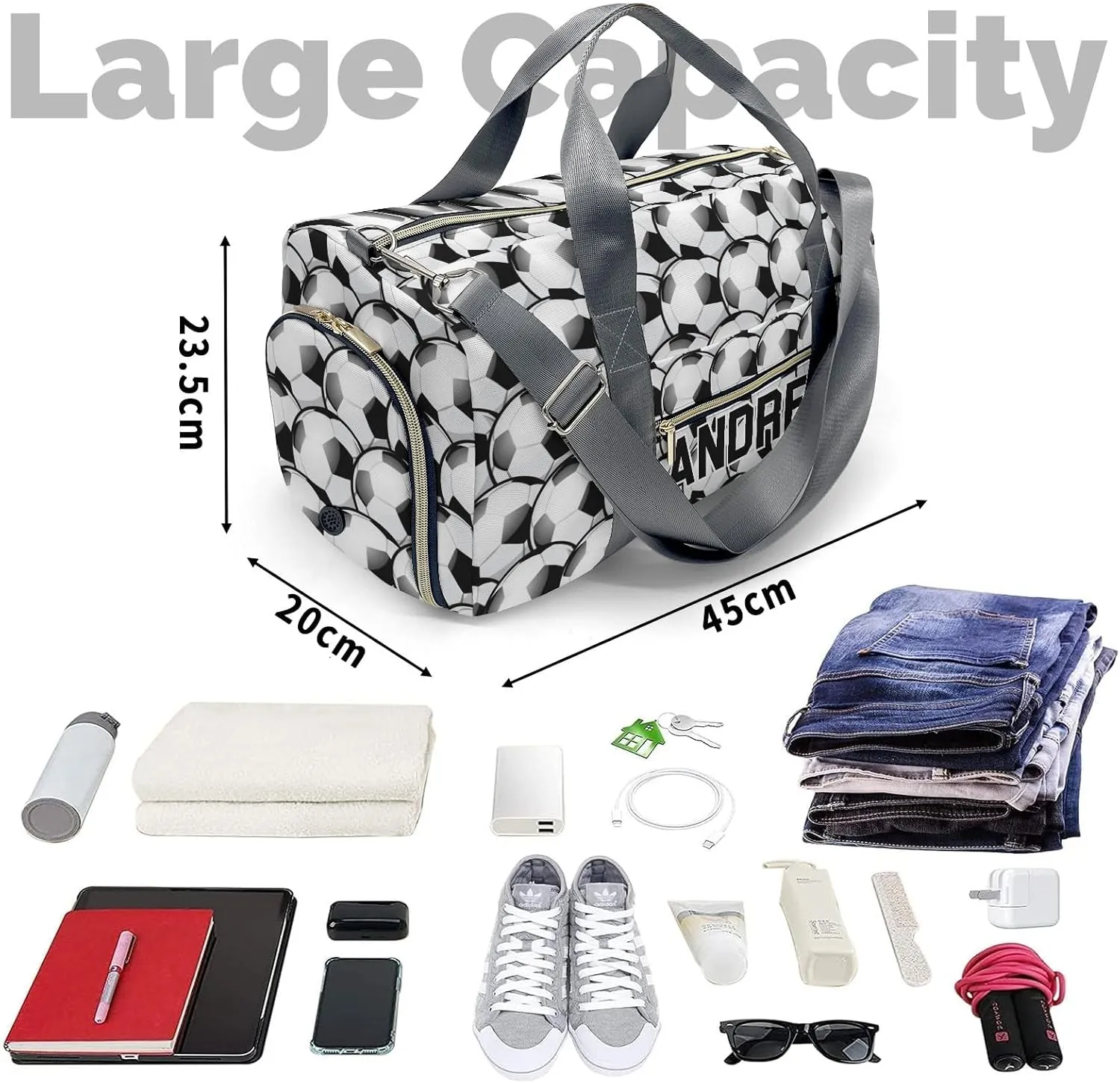 Customized Travel Duffel Bag with Name Arrange Football Personalized Sports Gym Bag Waterproof Weekend Luggage Bag