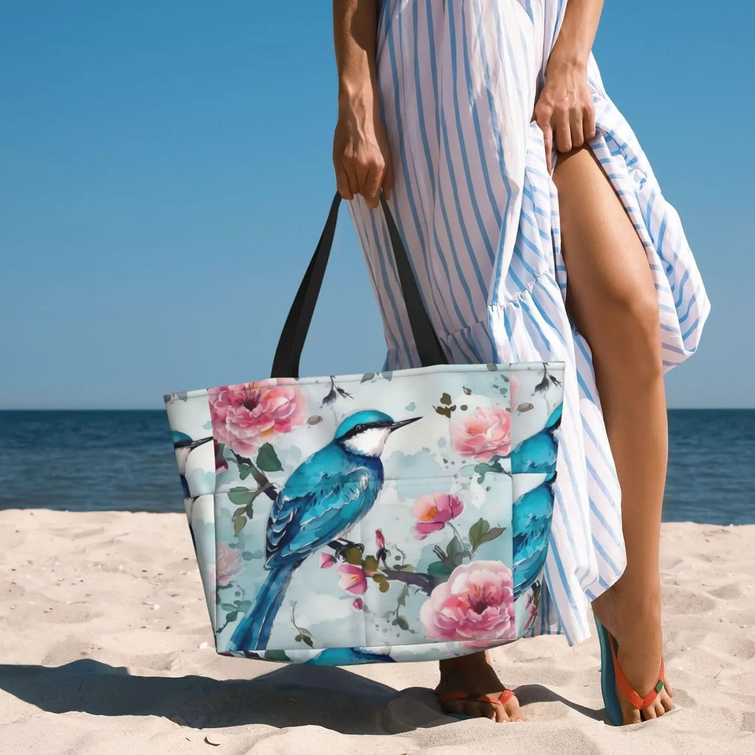 Cute Beach Tote Pool Bags for Women-Large Gym Grocery Tote Travel Towel Bag Reusable Handbags,7 Pockets, Zipper