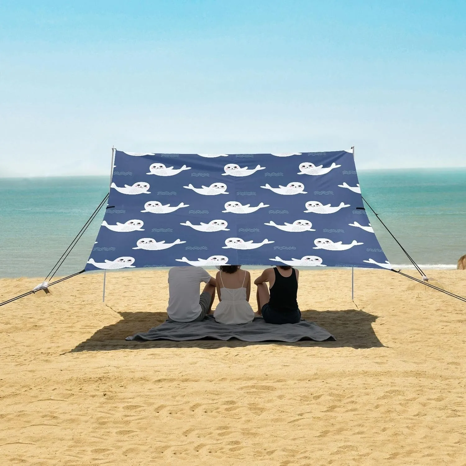 Cute Cartoon Fur Seal Beach Canopy Tent Anti-UV & Wind Resistant, Camping Sun Shelter Easy Setup Portable,Outdoor Shade Tents with Sandbags,Sand Shovels,Ground Pegs & Stability Poles