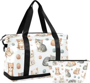 Cute Cat Versatile Sports Travel Bag - Lasting Twill Tote, Removable Wheel & Rod Bagging, Multi-pocket Design, Complimentary Makeup Bag