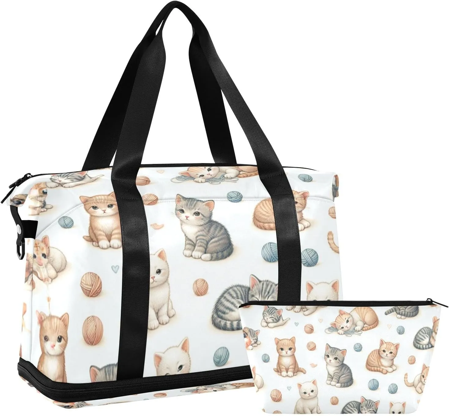 Cute Cat Versatile Sports Travel Bag - Lasting Twill Tote, Removable Wheel & Rod Bagging, Multi-pocket Design, Complimentary Makeup Bag