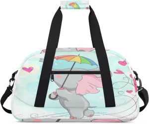 Cute Elephant Baby Gym Duffel Bag for Men Women Rainbow Umbrella Sports Tote Bag with Adjustable Shoulder Strap for Dance Gymnastics Traveling Outdoor Camping Overnight Stay