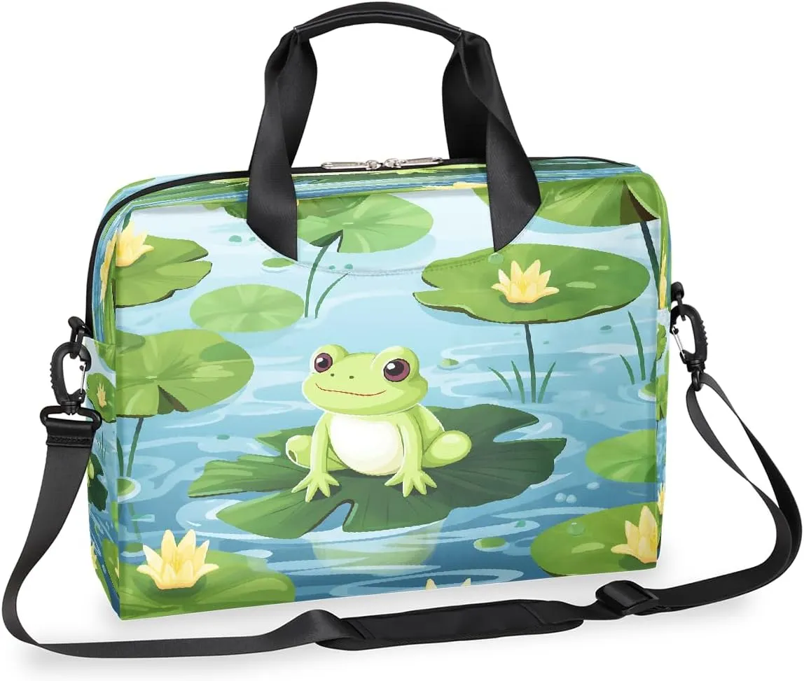 Cute Frog Animal Lotus Leaves Laptop Bag Carrying Case 15.6 Inch Laptop Briefcase Messenger Shoulder Bag for Tablet Computer Bag for Travle Business Men Women