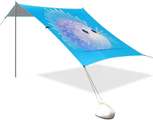 Cute Lavender Puffer Fish Beach Tent UPF50 Easy Setup Portable Sun Shelter with Sandbags and Shovel for Camping, Fishing, Backyard Fun