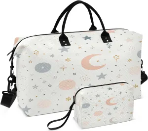 Cute Moon and Stars Travel Duffel Bag, Shoulder Weekender Overnight Bags - Large Gym Bag with Wet Pocket