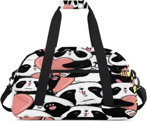 Cute Panda Gym Duffel Bag for Men Women Pink Heart Sports Tote Bag with Adjustable Shoulder Strap for Dance Gymnastics Traveling Outdoor Camping Overnight Stay