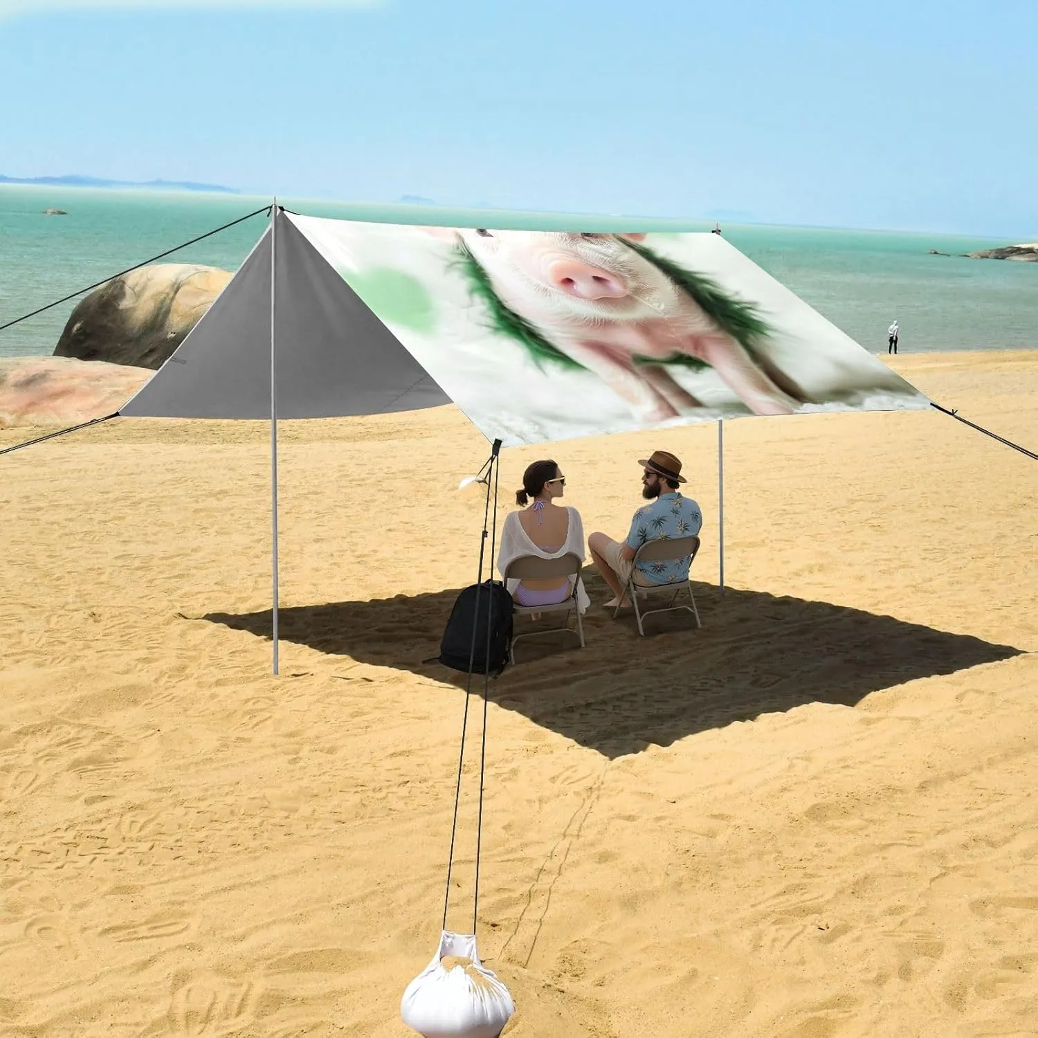 Cute Piglet Love Green Canopy Beach Tent 9.2 × 10.5 FT Outdoor Patio Shade Cute Print Windproof Camping Sun Shelter Custom with Poles Sandbags Easy