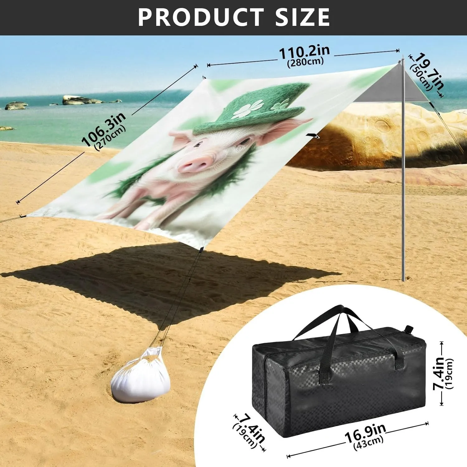 Cute Piglet Love Green Canopy Beach Tent 9.2 × 10.5 FT Outdoor Patio Shade Cute Print Windproof Camping Sun Shelter Custom with Poles Sandbags Easy