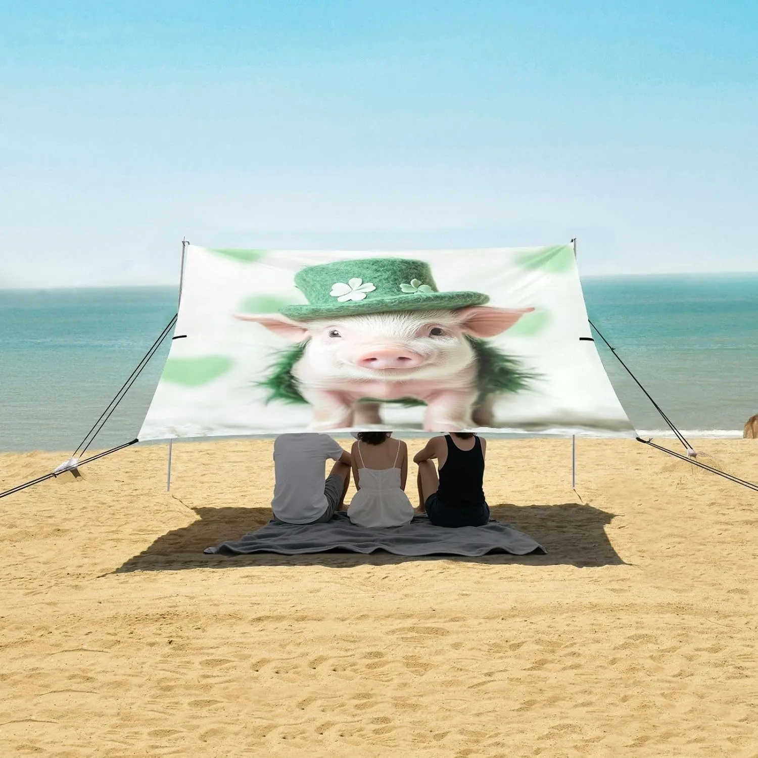 Cute Piglet Love Green Canopy Beach Tent 9.2 × 10.5 FT Outdoor Patio Shade Cute Print Windproof Camping Sun Shelter Custom with Poles Sandbags Easy