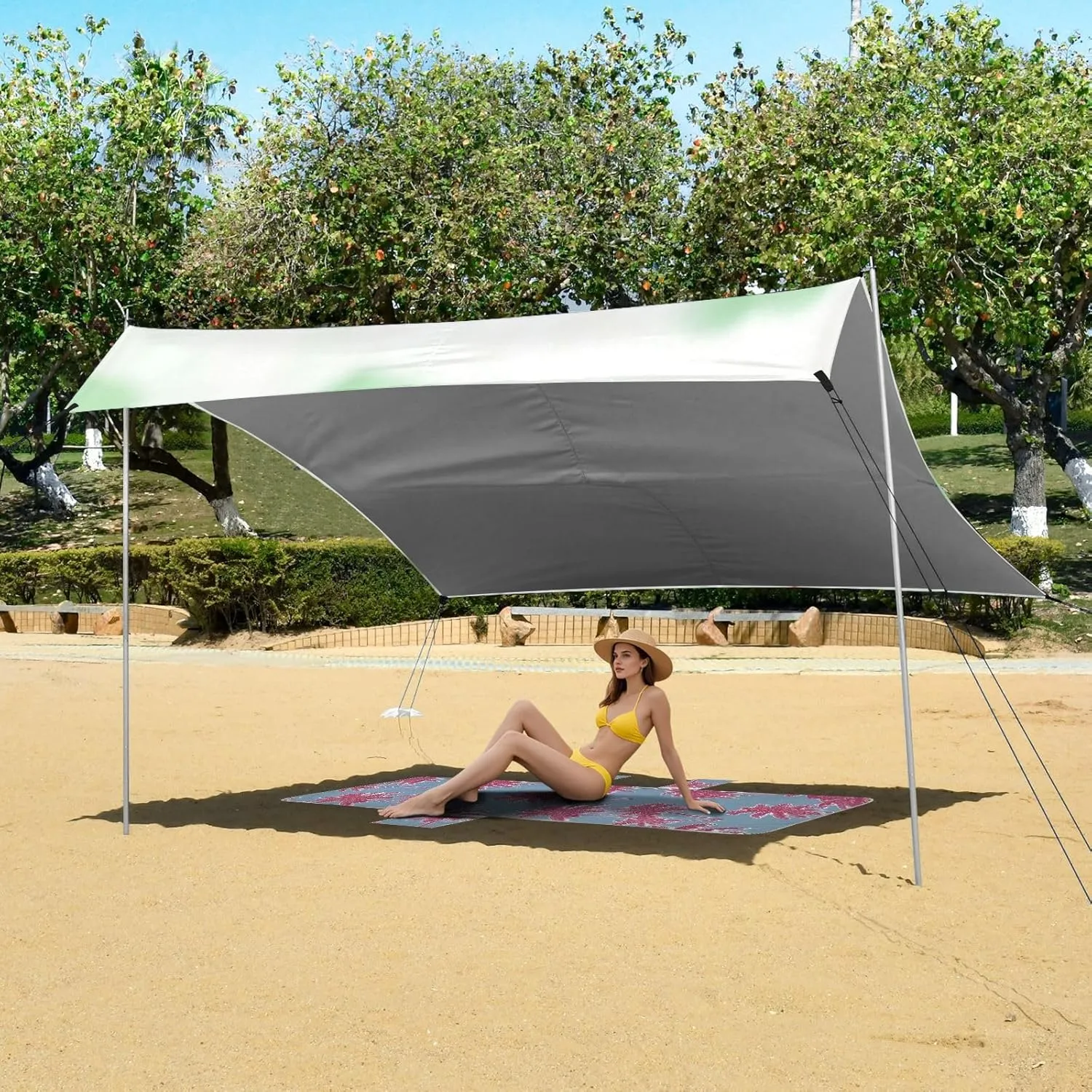 Cute Piglet Love Green Canopy Beach Tent 9.2 × 10.5 FT Outdoor Patio Shade Cute Print Windproof Camping Sun Shelter Custom with Poles Sandbags Easy