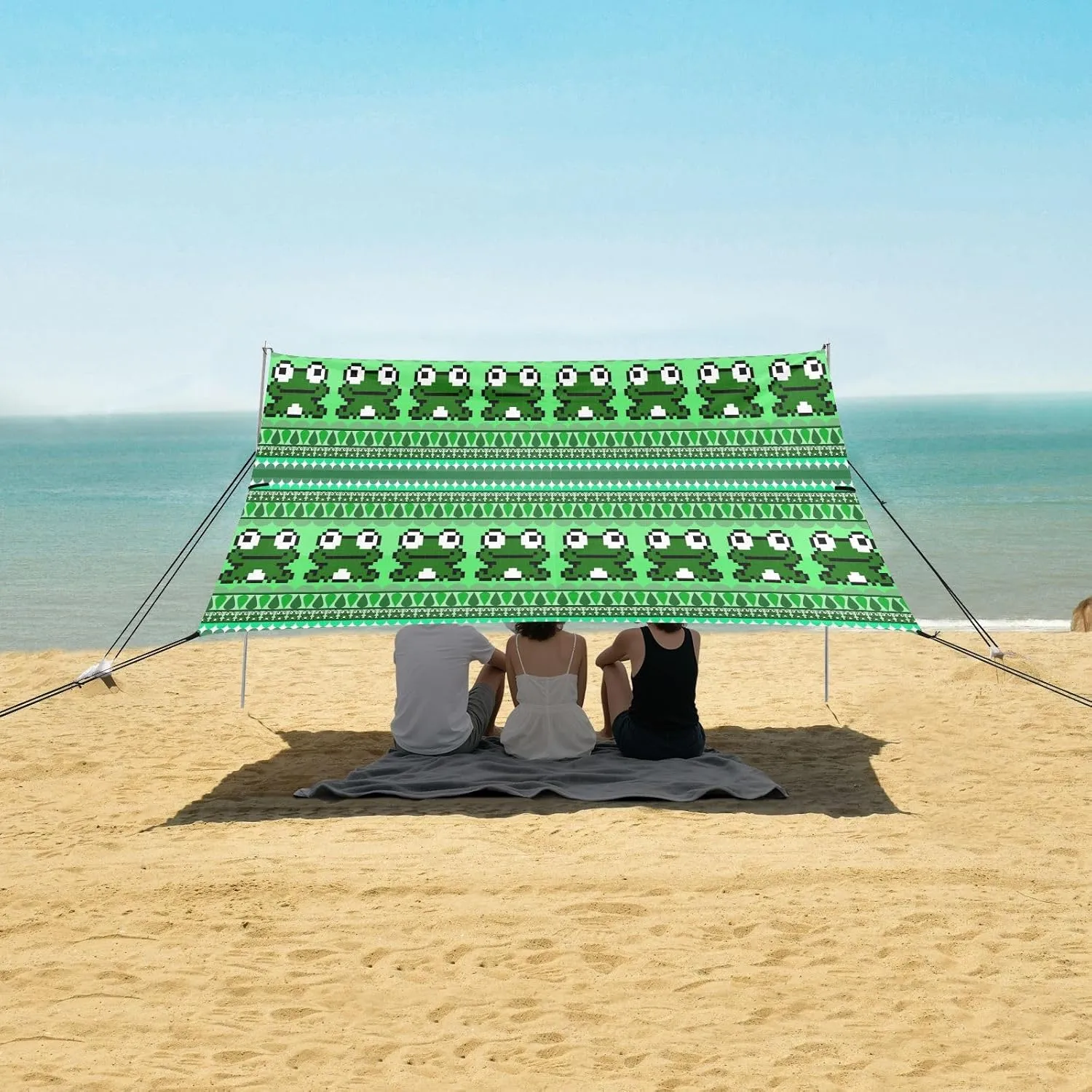 Cute Pixel Frog Seamless Pattern Beach Canopy Tent Anti-UV & Wind Resistant, Camping Sun Shelter Easy Setup Portable,Outdoor Shade Tents with Sandbags,Sand Shovels,Ground Pegs & Stability Poles