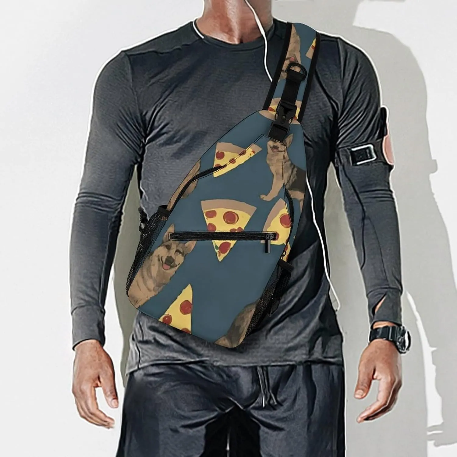 Cute Sling Bag Backpack, Backpacking, German Shepherd Dog Pizza Art Crossbody Rucksack, Camera Case, Gym Crossbody Sack Satchel Outdoor Hiking Bag for Men Women