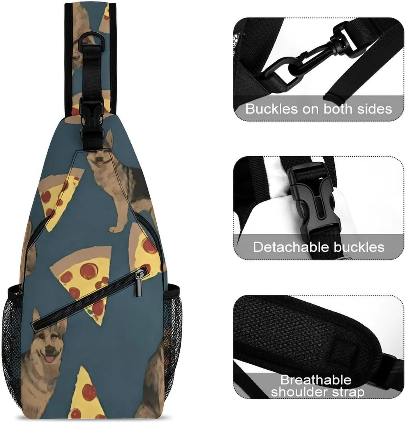 Cute Sling Bag Backpack, Backpacking, German Shepherd Dog Pizza Art Crossbody Rucksack, Camera Case, Gym Crossbody Sack Satchel Outdoor Hiking Bag for Men Women