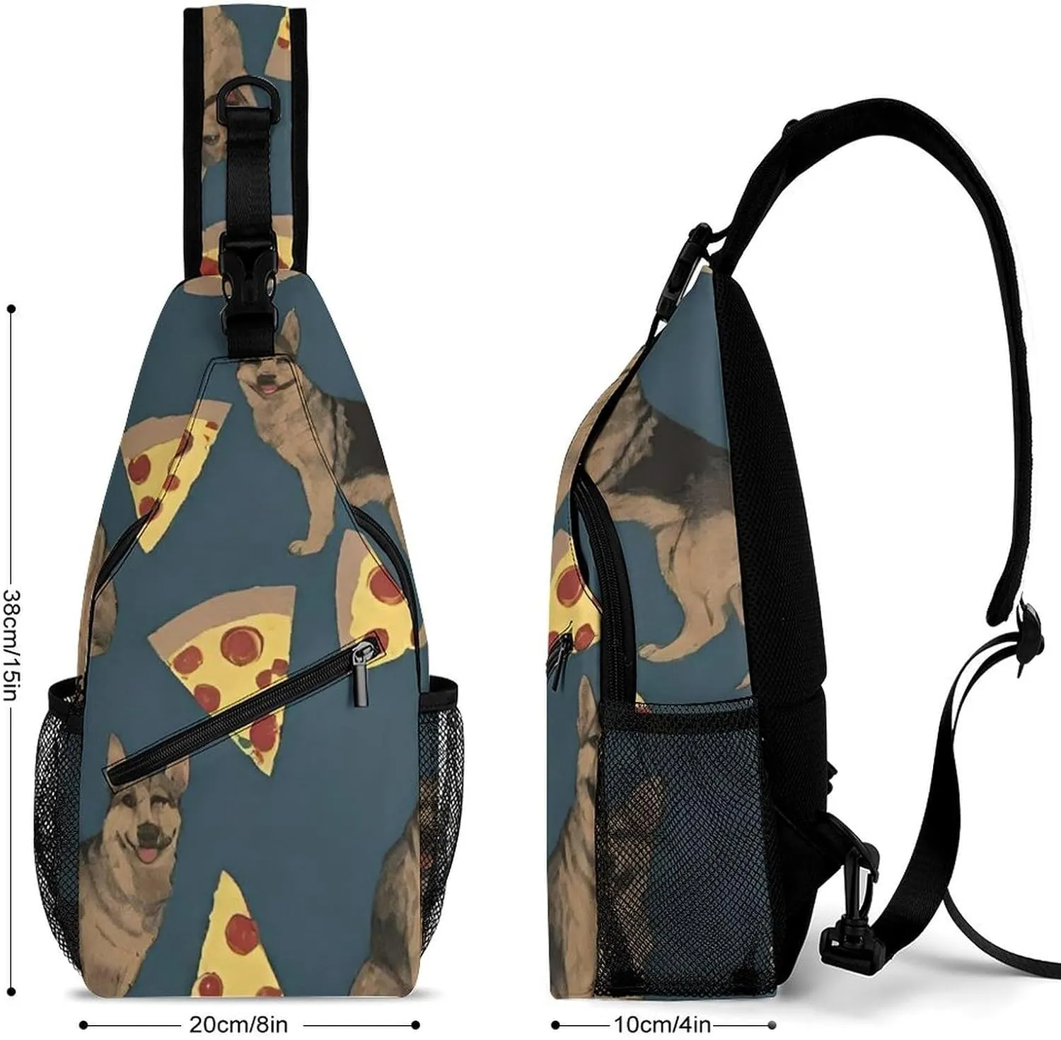 Cute Sling Bag Backpack, Backpacking, German Shepherd Dog Pizza Art Crossbody Rucksack, Camera Case, Gym Crossbody Sack Satchel Outdoor Hiking Bag for Men Women