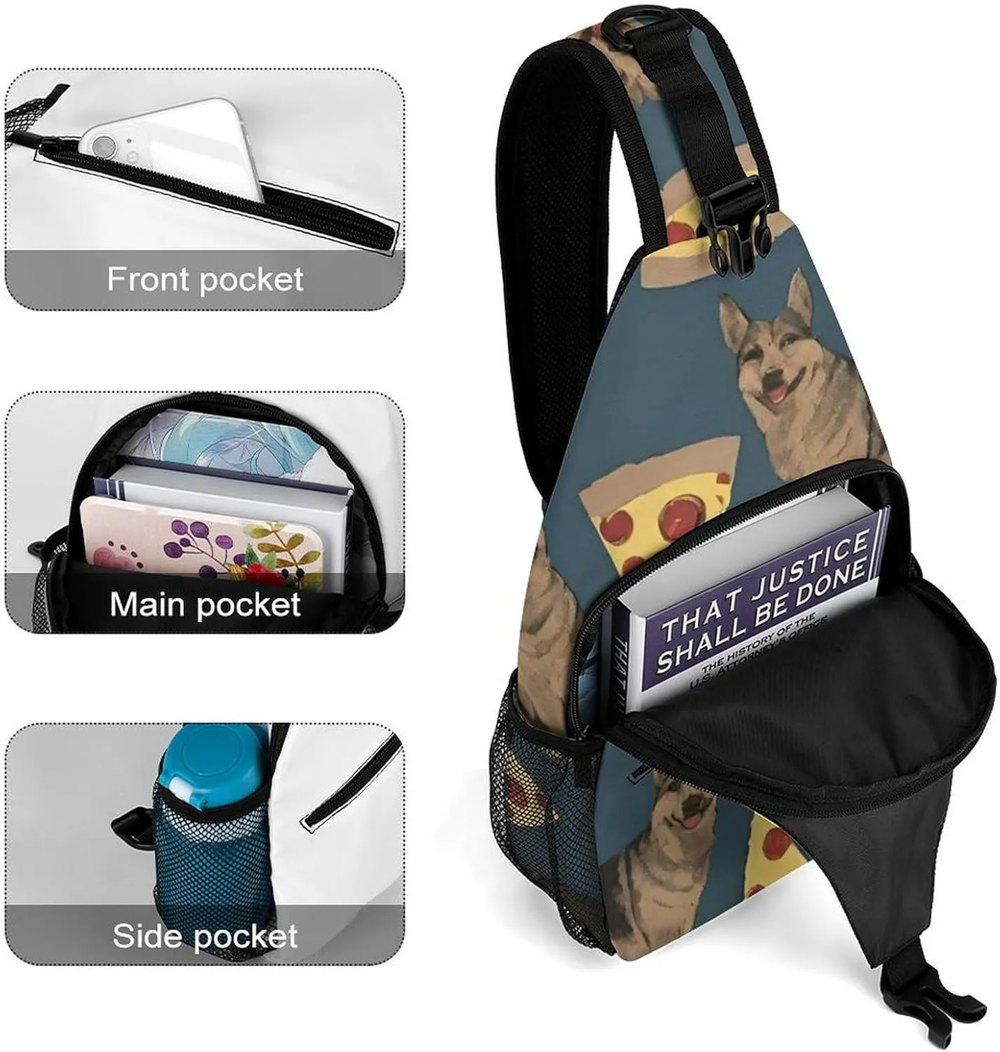 Cute Sling Bag Backpack, Backpacking, German Shepherd Dog Pizza Art Crossbody Rucksack, Camera Case, Gym Crossbody Sack Satchel Outdoor Hiking Bag for Men Women
