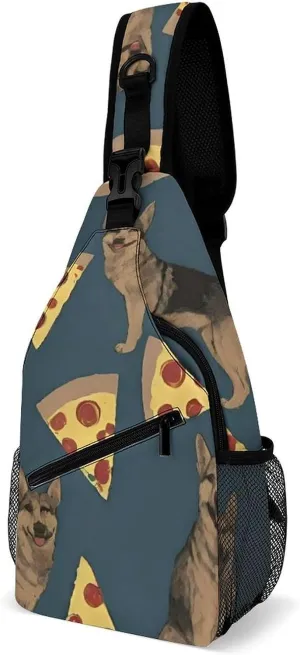 Cute Sling Bag Backpack, Backpacking, German Shepherd Dog Pizza Art Crossbody Rucksack, Camera Case, Gym Crossbody Sack Satchel Outdoor Hiking Bag for Men Women