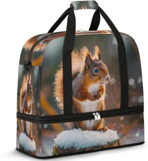 Cute Squirrel Travel Duffel Bag for Women Men, Winter Squirrel Sports Gym Bag with Shoes Compartment Foldable Overnight Bag Weekender Tote Workout Carry On Luggage Bag