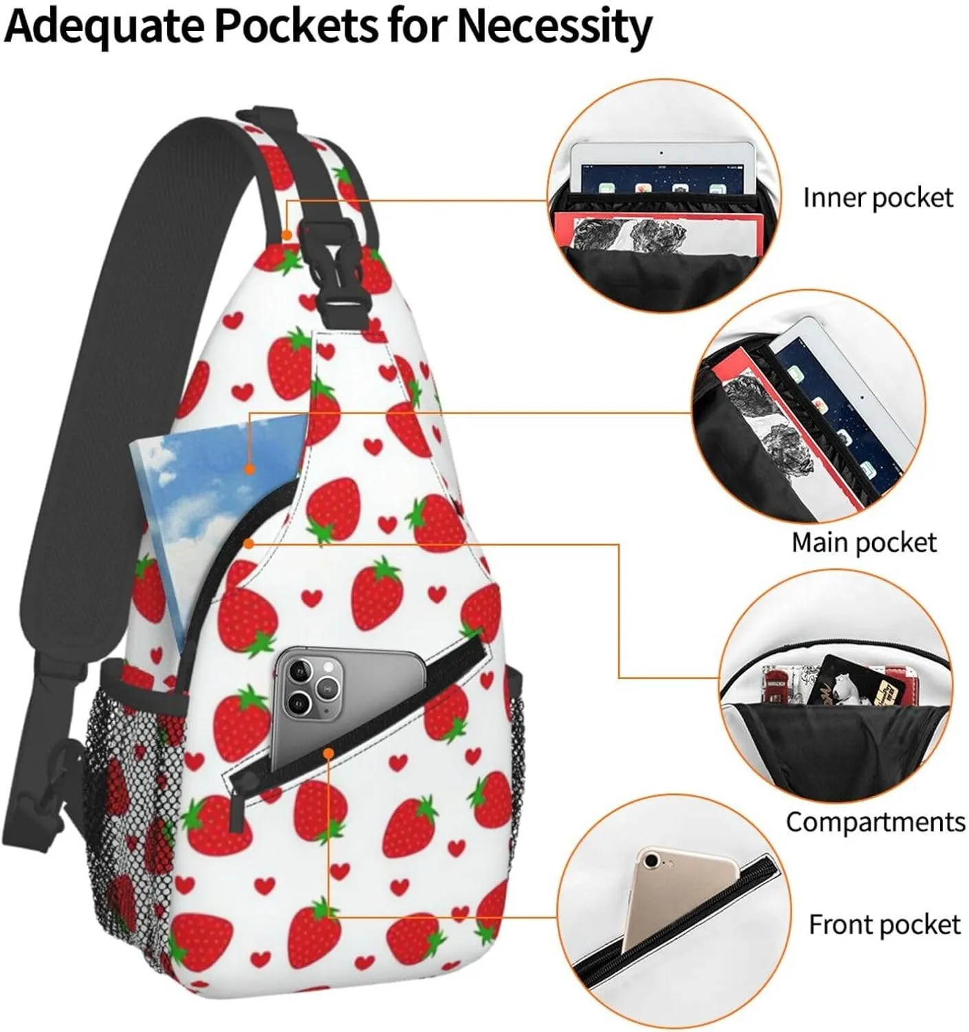 Cute Strawberry Print Sling Bags Crossbody Daypack Hiking Shoulder Strawberry Backpack for Women Men Travel Bag