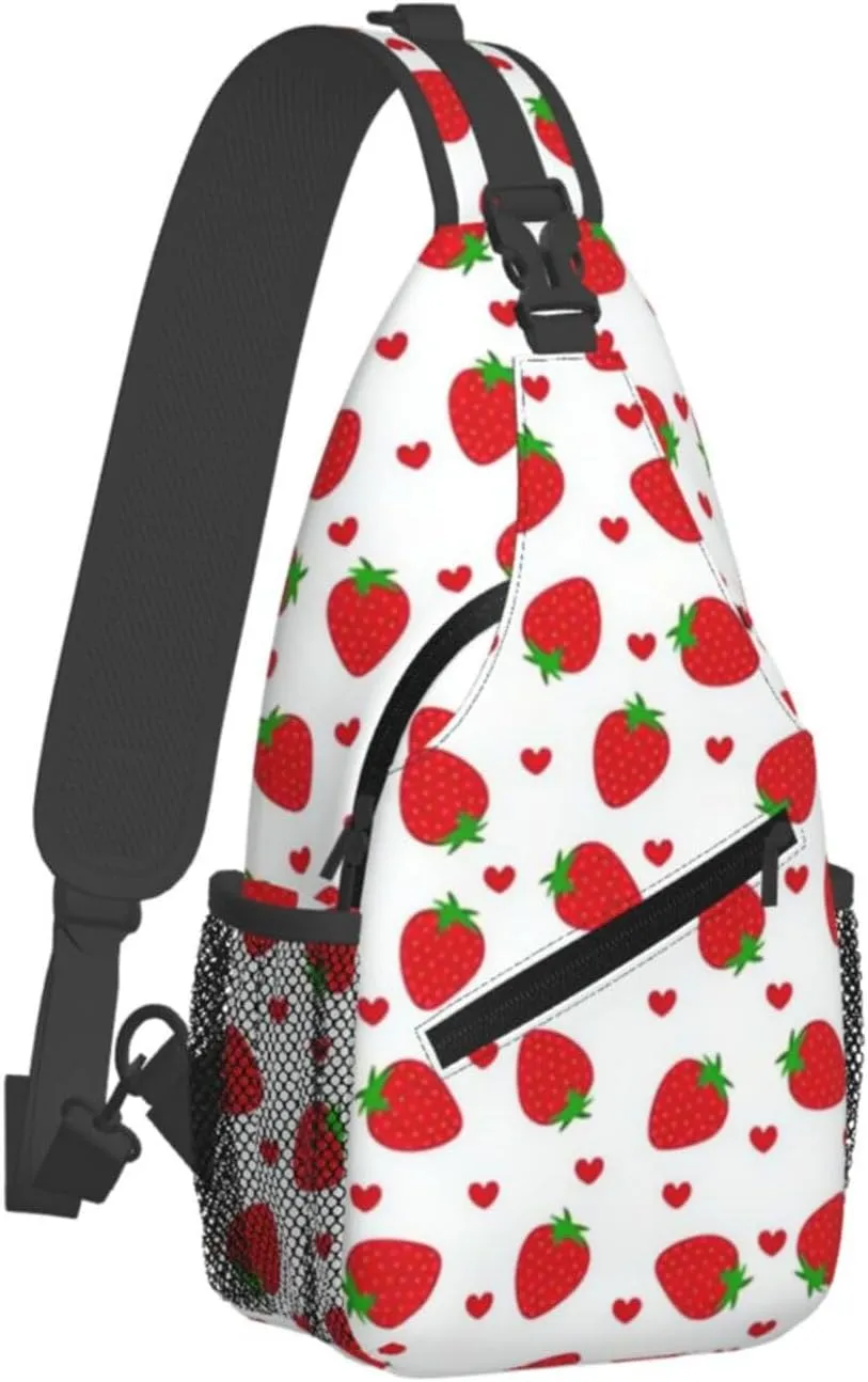 Cute Strawberry Print Sling Bags Crossbody Daypack Hiking Shoulder Strawberry Backpack for Women Men Travel Bag