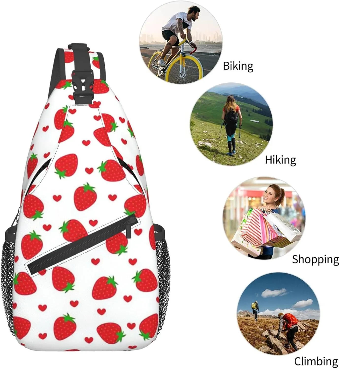 Cute Strawberry Print Sling Bags Crossbody Daypack Hiking Shoulder Strawberry Backpack for Women Men Travel Bag