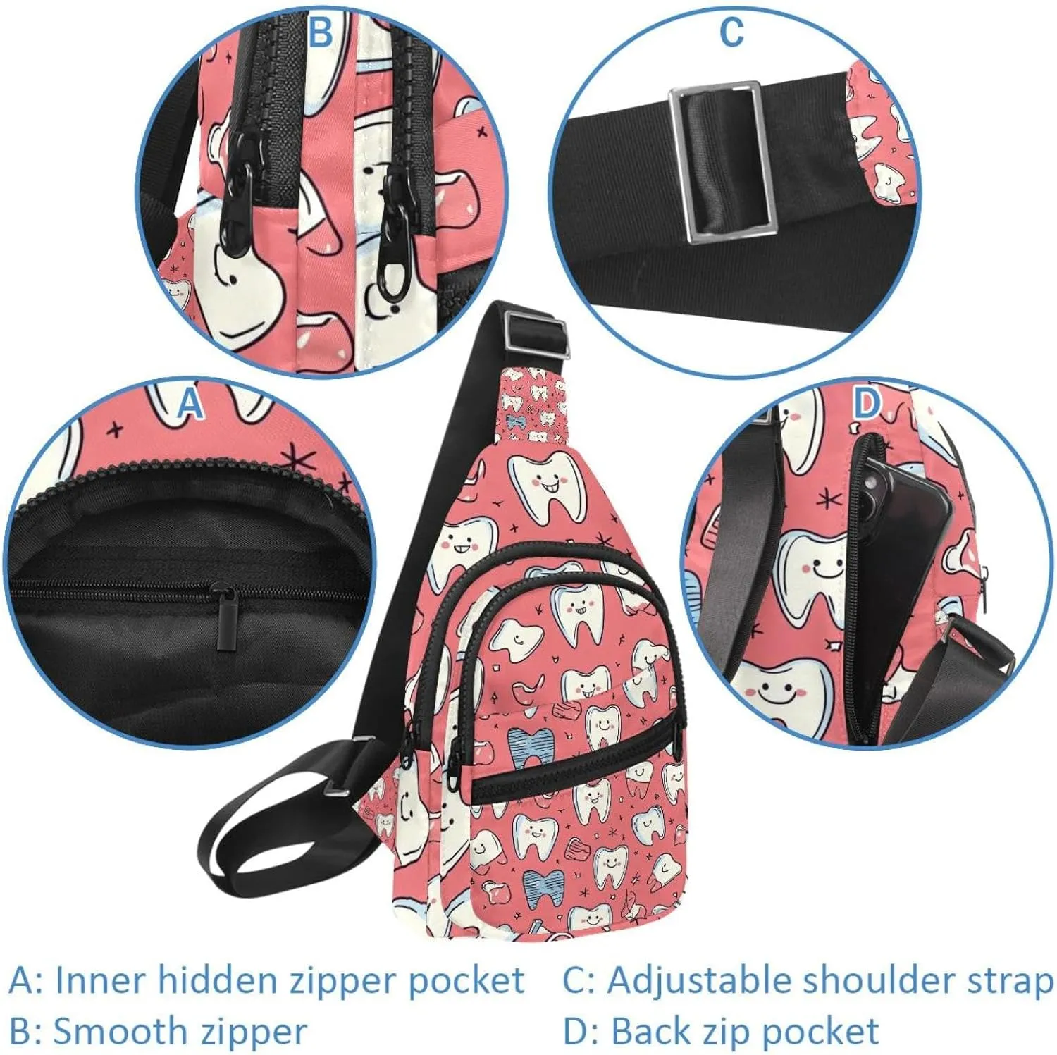 Cute Teeth Crossbody Bag with Adjustable Shoulder Strap, Shoulder Bag for Men and Women Sling Backpack for Travel, Cycling, Work, Sport