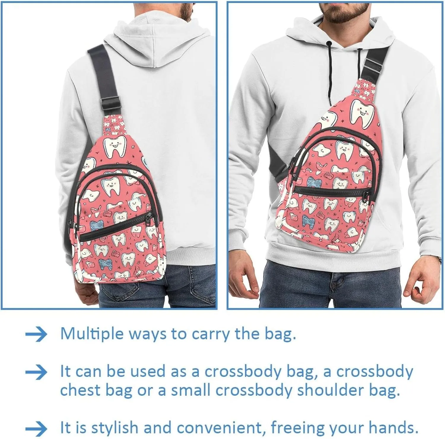 Cute Teeth Crossbody Bag with Adjustable Shoulder Strap, Shoulder Bag for Men and Women Sling Backpack for Travel, Cycling, Work, Sport