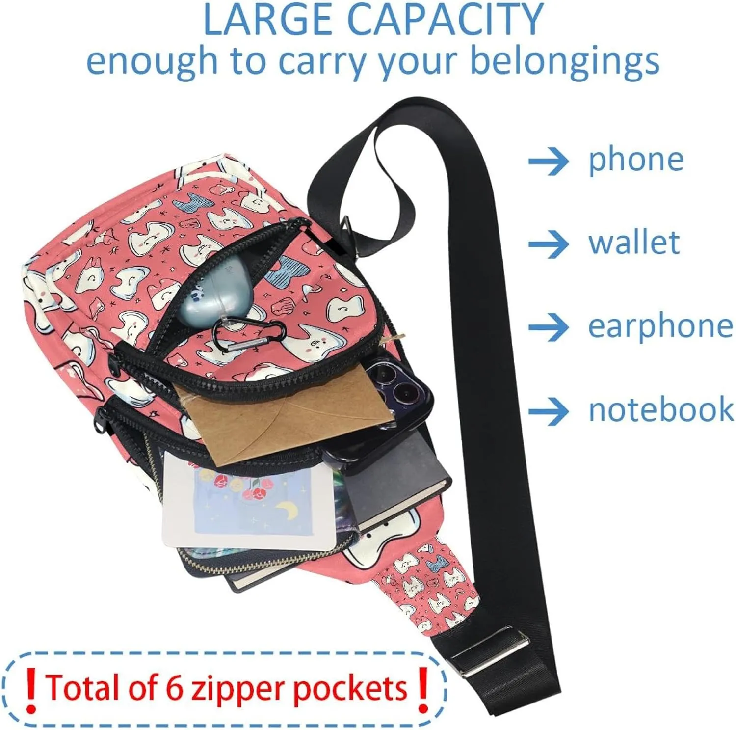 Cute Teeth Crossbody Bag with Adjustable Shoulder Strap, Shoulder Bag for Men and Women Sling Backpack for Travel, Cycling, Work, Sport