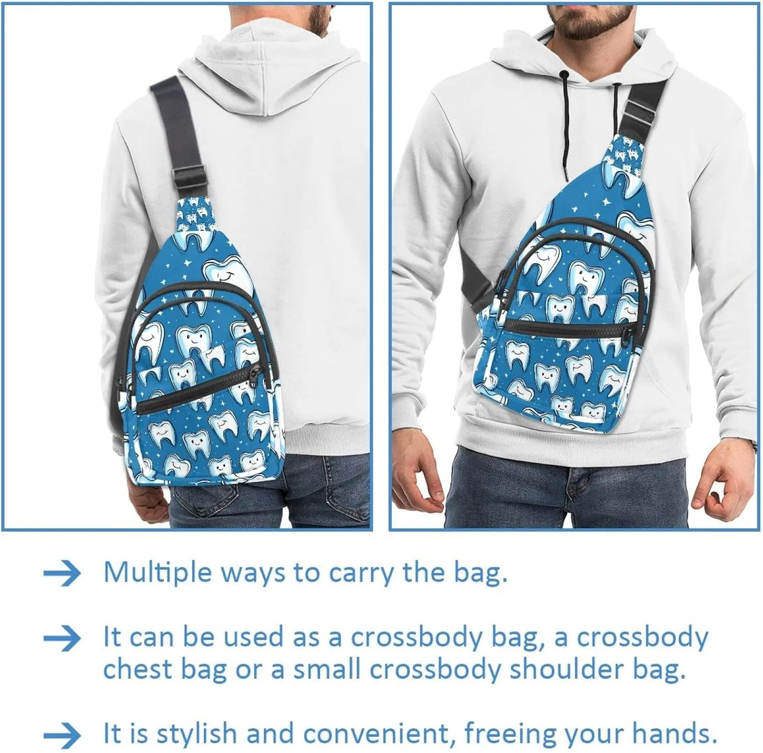 Cute Teeth Crossbody Bag with Adjustable Shoulder Strap, Shoulder Bag for Men and Women Sling Backpack for Travel, Cycling, Work, Sport