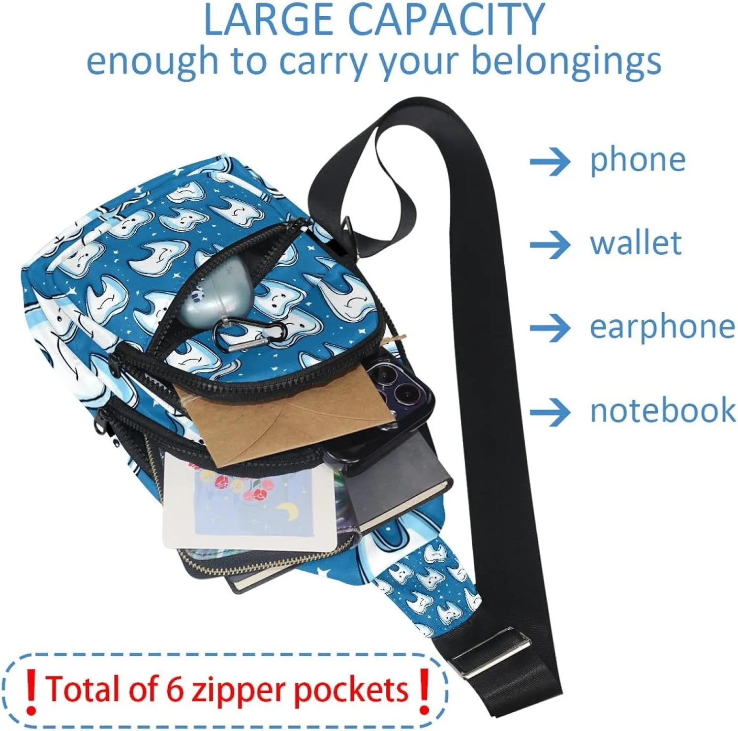 Cute Teeth Crossbody Bag with Adjustable Shoulder Strap, Shoulder Bag for Men and Women Sling Backpack for Travel, Cycling, Work, Sport
