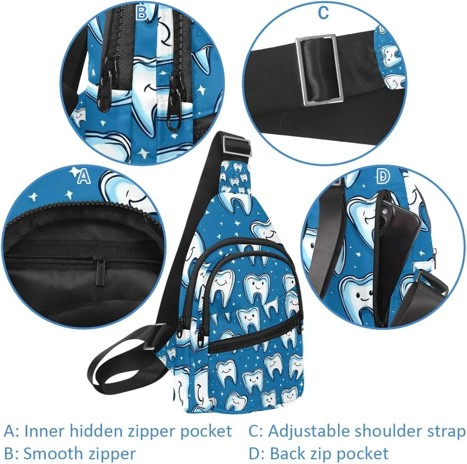 Cute Teeth Crossbody Bag with Adjustable Shoulder Strap, Shoulder Bag for Men and Women Sling Backpack for Travel, Cycling, Work, Sport