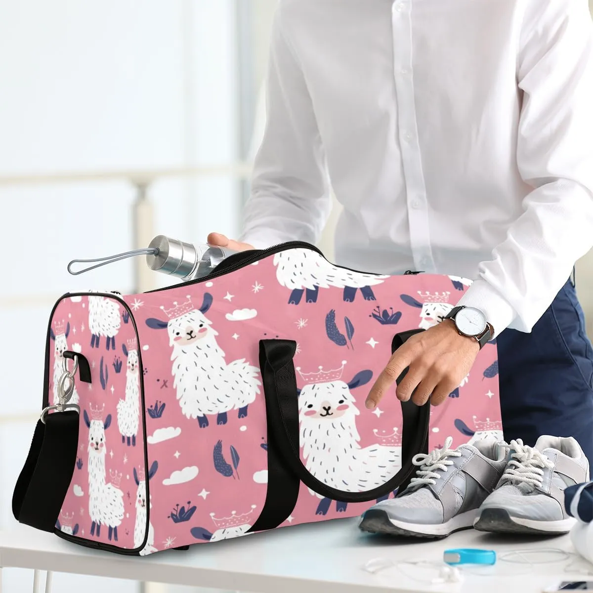 Cute Travel Duffle Bag, Sports Gym Bags for Women Men, Carry On Weekender Overnight Bag, Llama Alpaca Workout Hospital Airplane Trips Bag