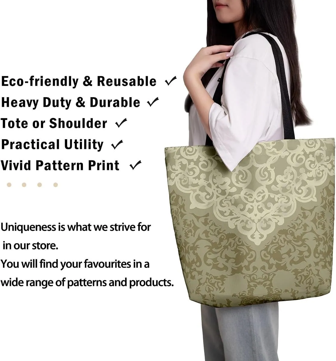 Damask Canvas Tote Bag for Women Gothic Travel Shopping Bag,Victorian Reusable Grocery Shoulder Bag